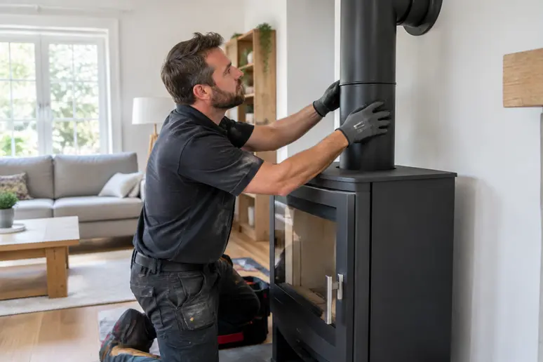 Technicien installant un poêle à bois et son conduit de raccordement dans un salon.
