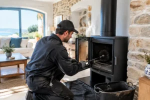 artisan ramoneur nettoyant un poele a bois beziers installe dans un salon lumineux