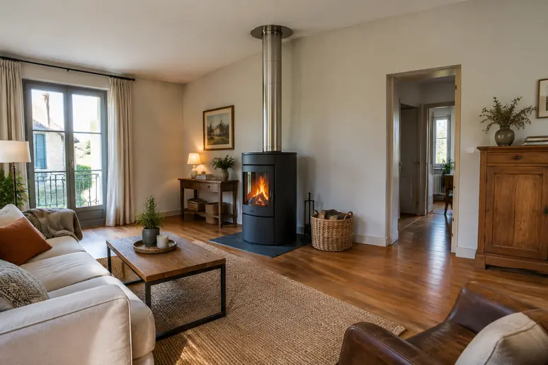 Poêle à bois moderne installé dans un salon avec son conduit d'évacuation vertical.