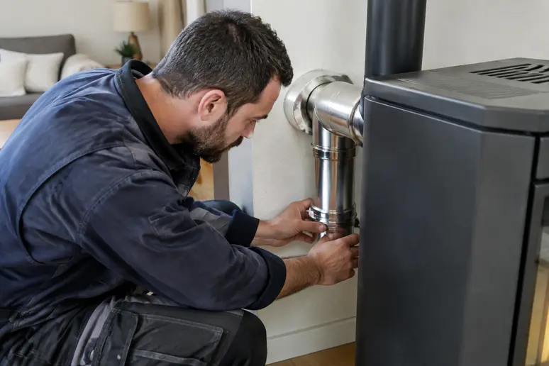 Installateur professionnel vérifiant le raccordement d'un poêle dans une maison.
