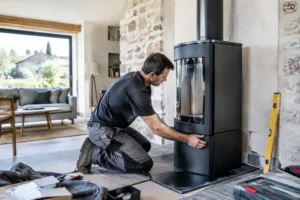 Un technicien installe un poele a bois montauban dans un salon moderne.