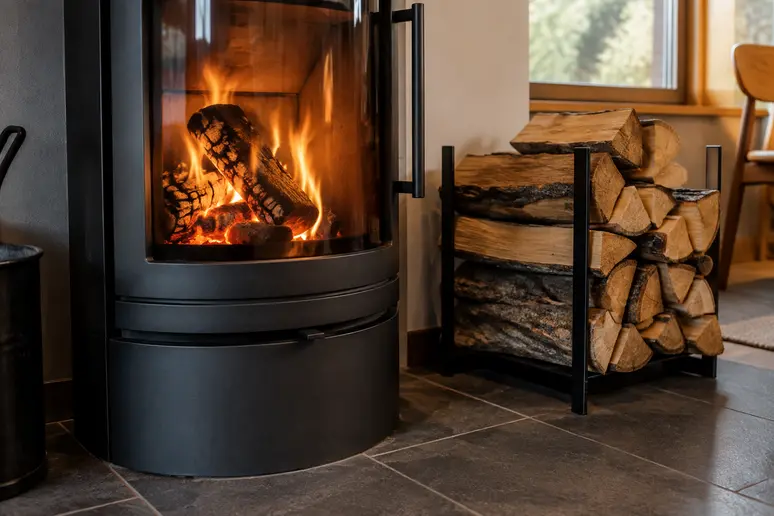 Réserves de bûches et poêle à bois moderne dans une habitation
