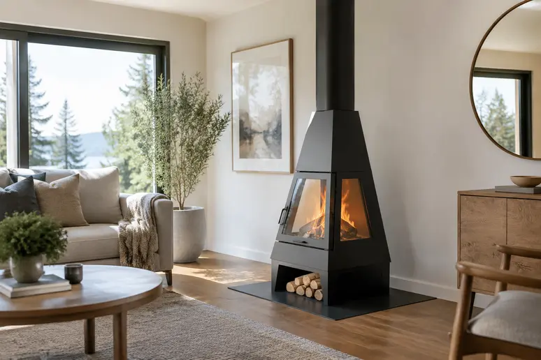 Poêle à bois pyramide installé dans un salon lumineux avec un design vertical.