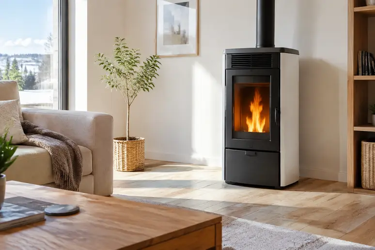 Installation d un poele a granules moderne dans un salon lumineux