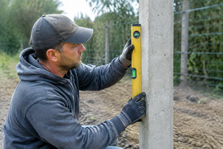 contrôle de l'aplomb d'un poteau lors de la rénovation clôture beton