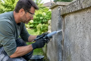 Un artisan applique une résine de réparation sur une fissure lors d'une renovation cloture beton extérieure.