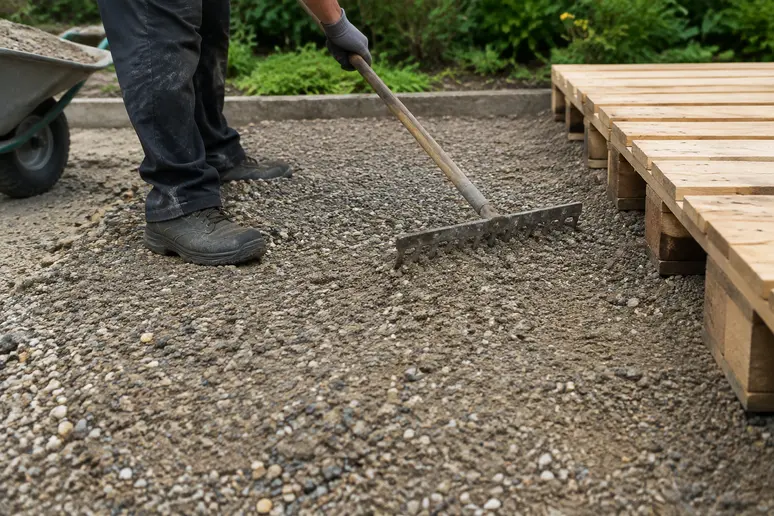 Mise en place d'une couche de graviers et sable pour drainer le sol de la terrasse en palette europe