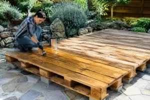 Un artisan applique un traitement protecteur sur une terrasse en palette europe pour éviter la pourriture.