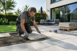 artisan posant des pavés élégants sur une grande terrasse guy moquet ensoleillée