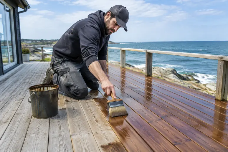 Application d'un saturateur de protection sur une terrasse bois face aux intempéries marines.