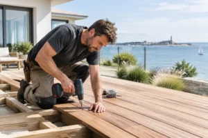 Pose sur mesure de terrasses bois la rochelle par un artisan menuisier sur un chantier ensoleillé